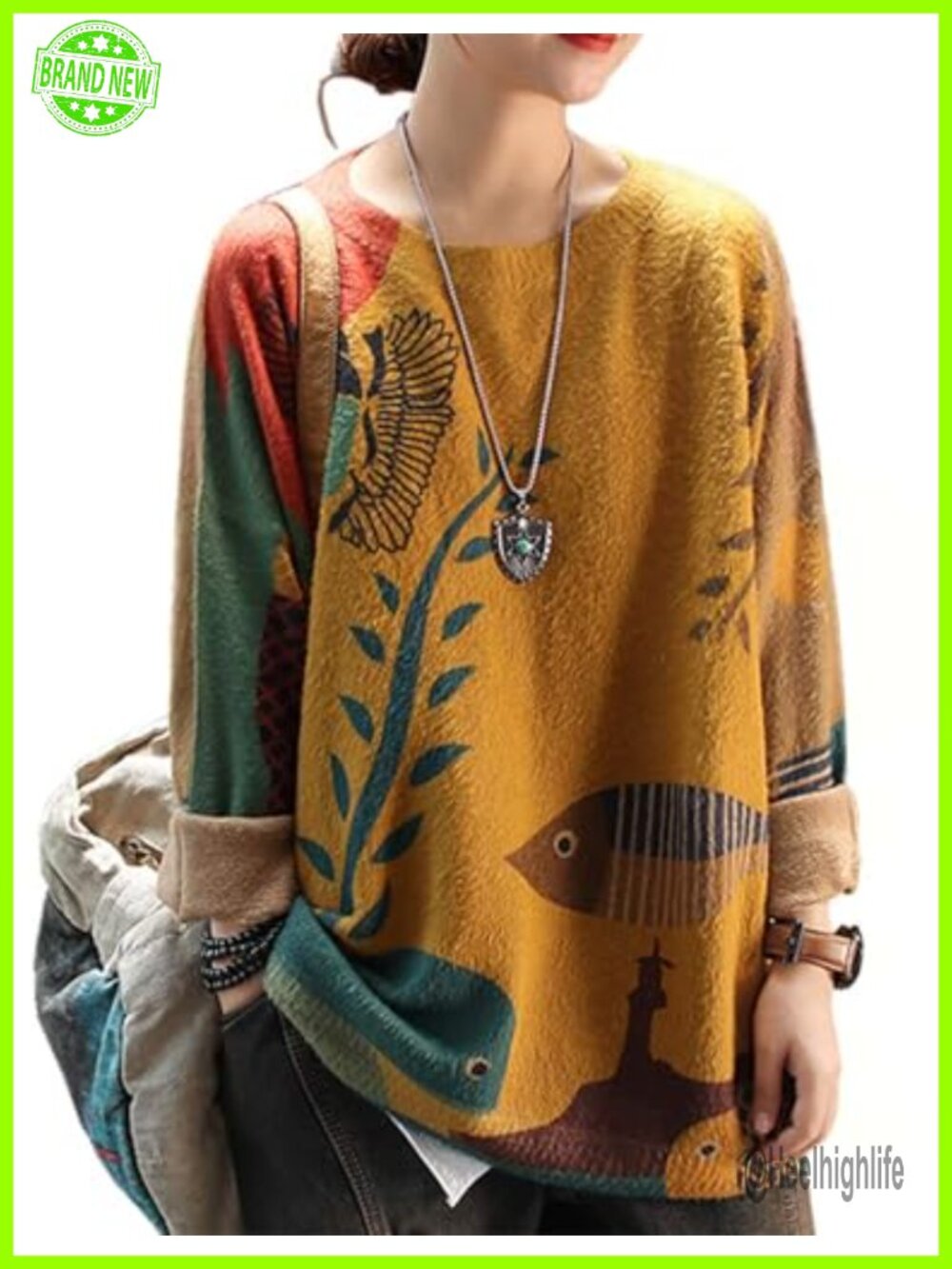 Womens Oversized Boho Knit Pullover Sweater Cotton Wool Crew Neck